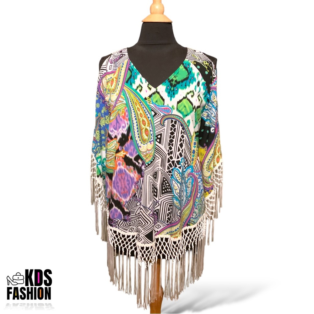 Chicos V-Neck Cold Shoulder Boho Fringe Top Medium
